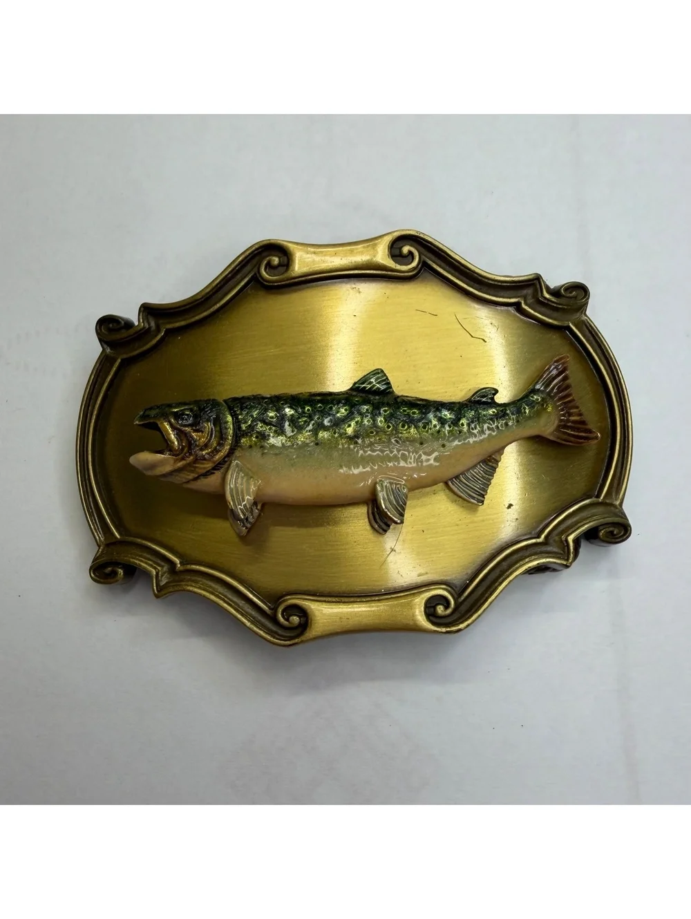 Trout brass belt buckle vintage 1978